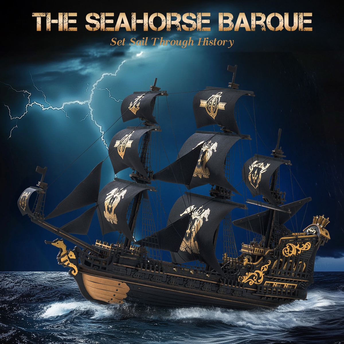 Robotime Seahorse 3D Wooden Puzzles for Adults , 603-piece Black Sailing Ship Model Building Kit