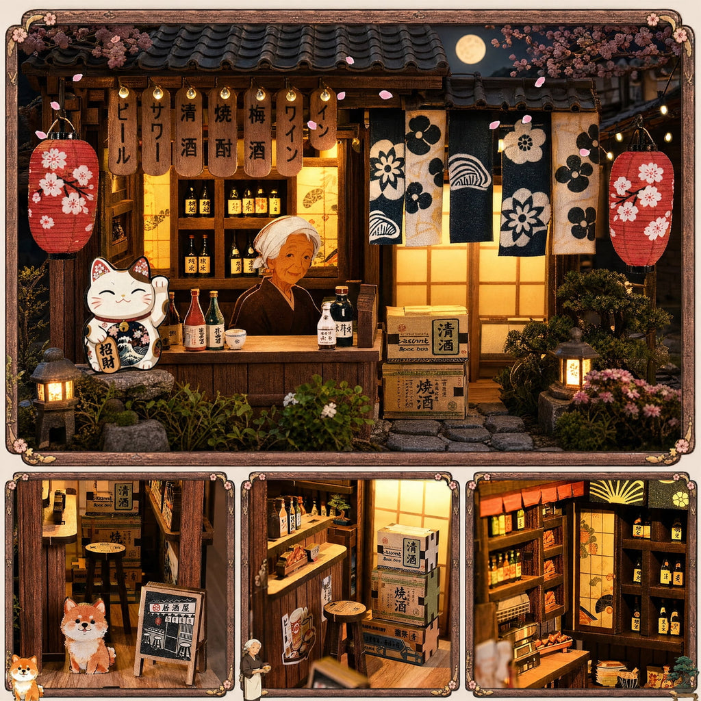 MOJINO Book Nook Kit for Adults, DIY Miniature House Kit with LED Light, 3D Wooden Puzzle Bookshelf Decor, Craft Kit, Japanese Izakaya