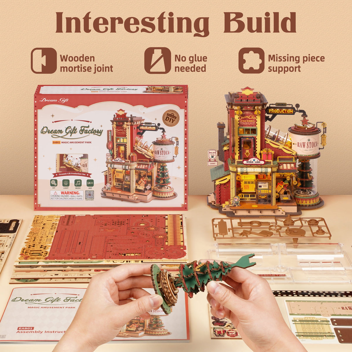 Robotime Dream Gift Factory 3D Puzzles Wooden Music Box, Diy Craft Kit for Adults & Teens 14+