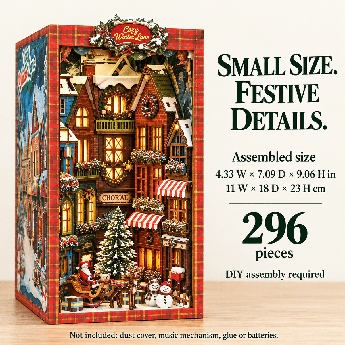 MOJINO Christmas Book Nook Kit, 3D Wooden Puzzle Bookshelf Insert Decor with LED Light, DIY Miniature Model Kit Gifts for Ages 14+
