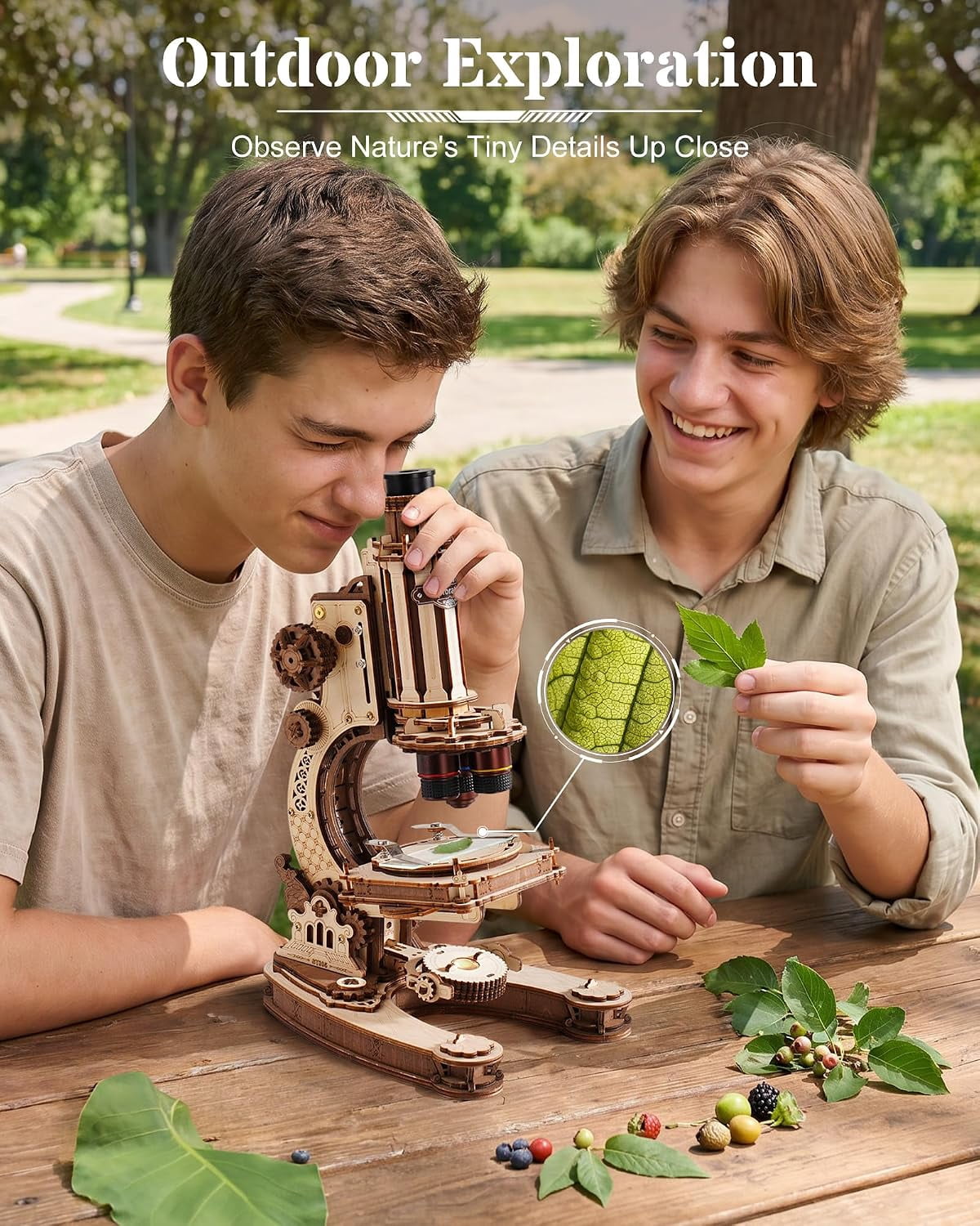 ROKR Functional Wooden Microscope 3D Puzzle Kit, 260-Piece Mechanical Model with 40X, 100X and 400X Magnification, LED Light and Adjustable Focus for Ages 14+