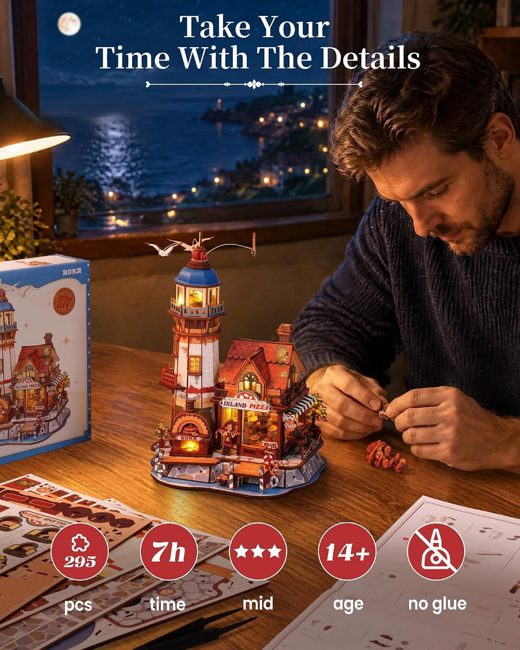 ROKR Chillbay Pizzeria DIY Music Box, Mechanical 3D Wooden Puzzle with Rotating Parts and LED Lights, Pizza Shop Model for Adults