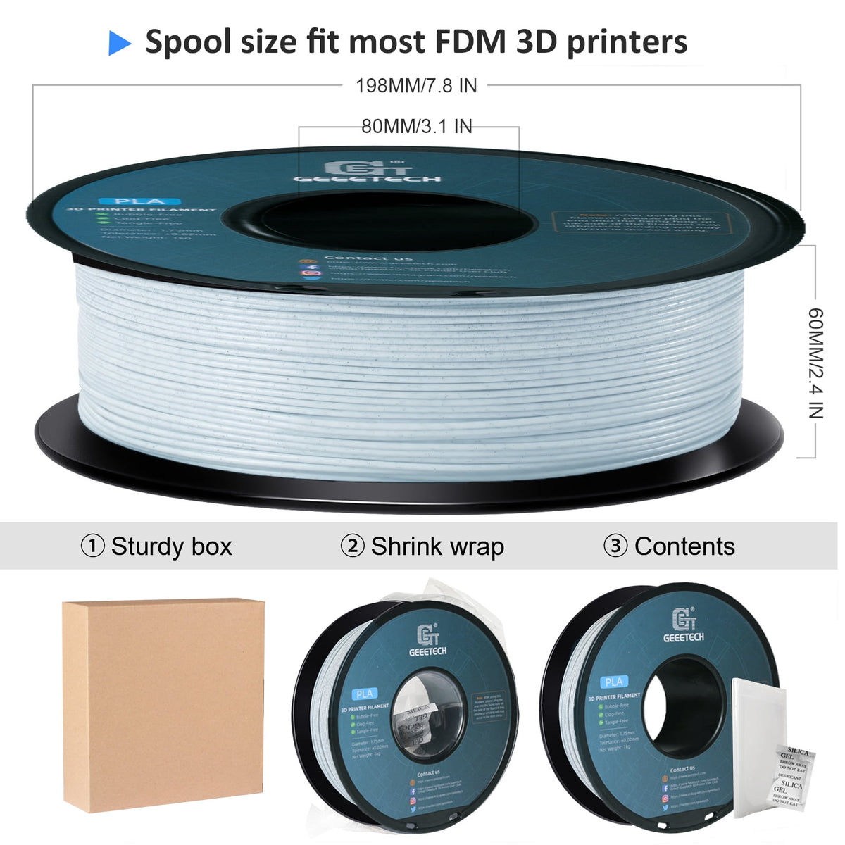 Geeetech Marble blue PLA 3D Printer Filament 1.75mm Toughness Enhanced, Dimensional Accuracy +/-0.03mm, 1kg (2.2lbs) , 1080 Feet （330m）per Roll, Fit for Most 3D FDM Printer