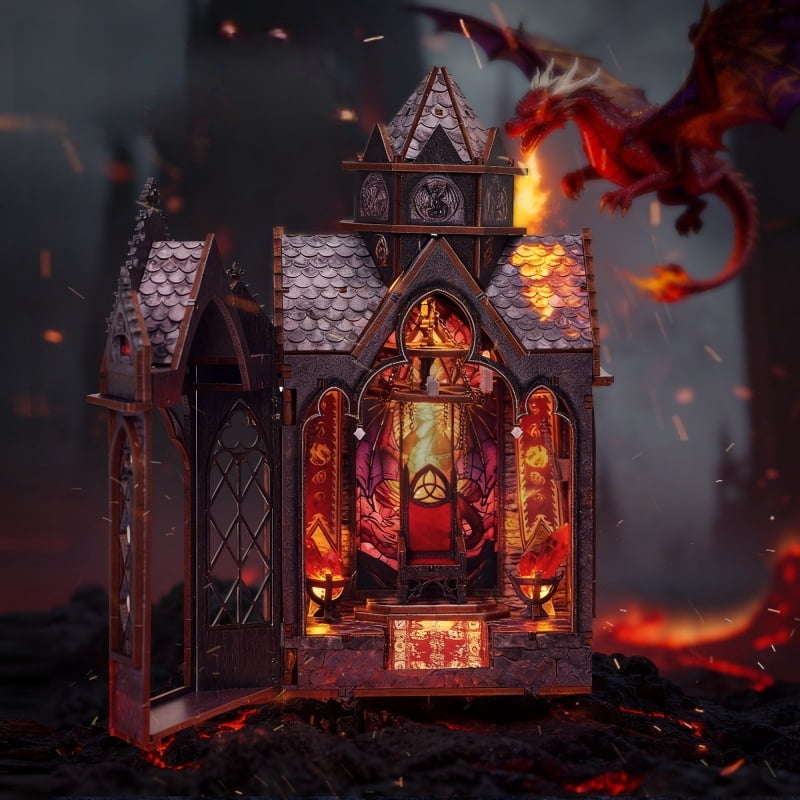 Ygarkreit Fantasy Dragon Gothic Castle DIY Book Nook Kit with LED Lights & Openable Doors, 3D Wooden Puzzle for Adults, Dark‑Fantasy Diorama Model Building Kit, Miniature House Wood Craft Kit for Tab