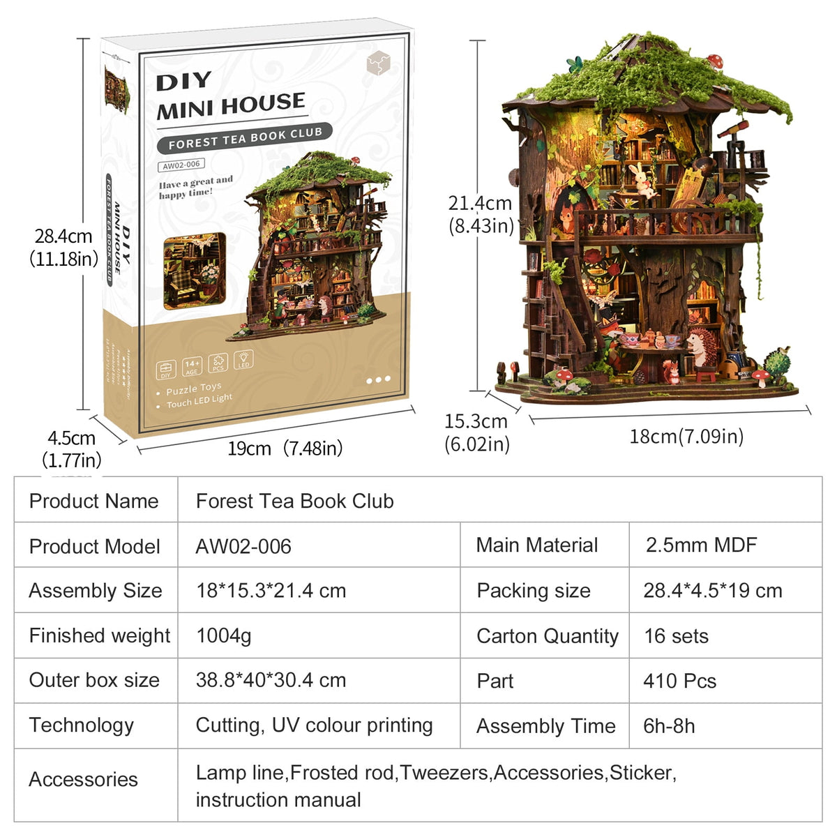 DIY Book Nook Kit with LED Light,Forest Tea Book Club Miniature House Bookshelf Insert Decor, 3D Wooden Puzzle Dollhouse Craft Kit for Adults Teens, Book Lover Gift