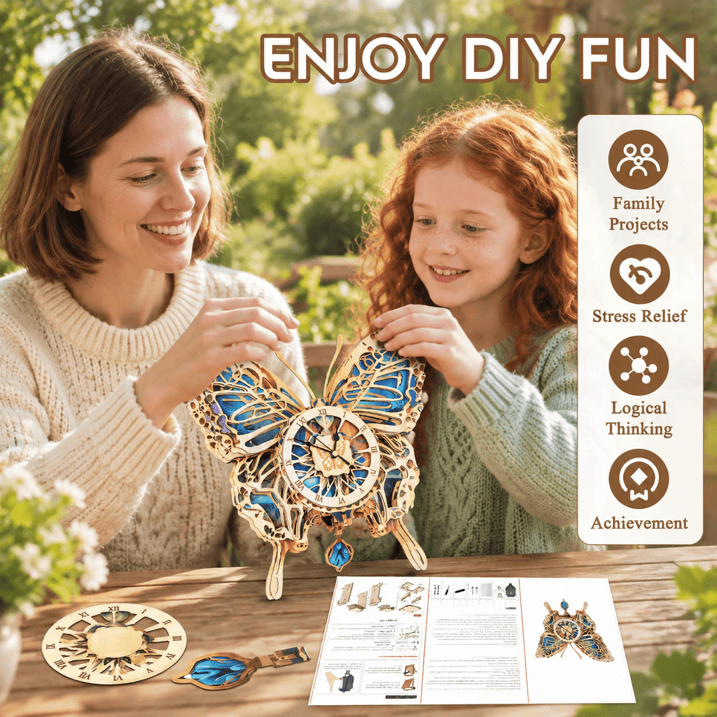 Butterfly Clock 3D Wooden Puzzle Clock DIY Mechanical Craft Kit for Adults Teens
