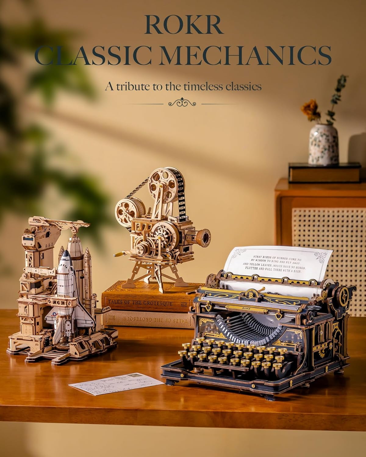 Robotime 3D Wooden Vintage Typewriter Puzzle, Mechanical Model Building Kit 320 Pieces LK703B