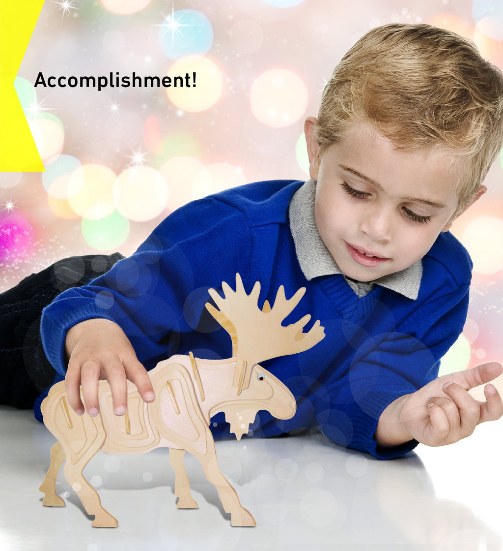 Puzzled Bundle of Moose and Black Bear Wooden 3D Puzzle Construction Kits, Fun Unique & Educational DIY Wild Animals Toys Assemble Model Unfinished Wood Craft Hobby Puzzles to Build & Paint - 2 Pack