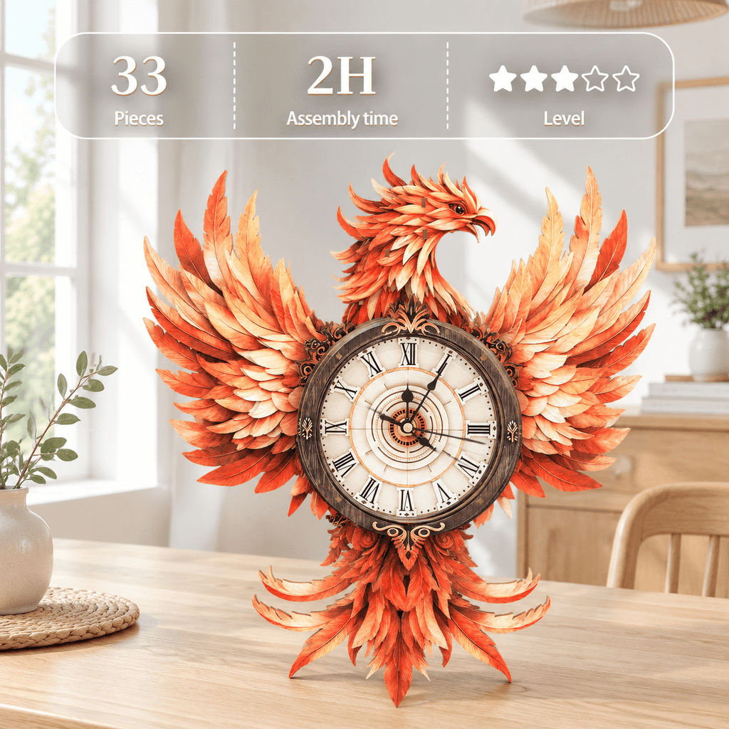 Fire Phoenix Wooden 3D Puzzle Clock DIY Model Kit for Adults