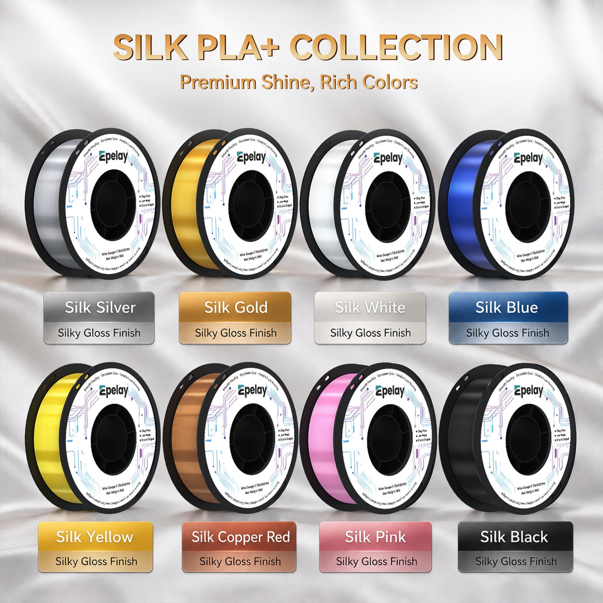 Epelay Silk PLA Plus 3D Printer Filament 1.75mm, Shiny Silver Finish, 1kg Spool, Strong Layer Adhesion, Smooth & Glossy Prints, Fits Most FDM Printers