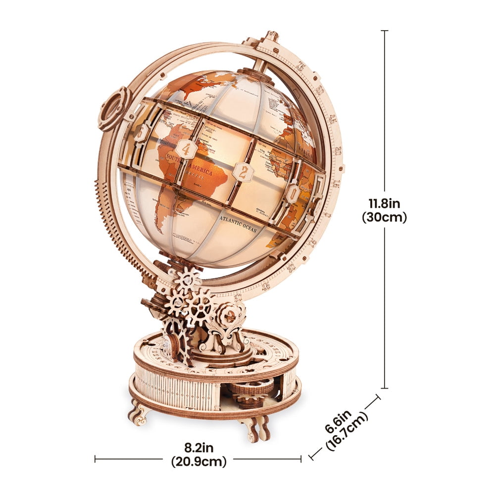ROKR Luminous Globe 3D Wooden Puzzle for Adults, Electric Rotating Illuminated Globe with Stand, 180-Piece DIY Model Building Kit with LED Light, Home Office Desk Decor Birthday Gift