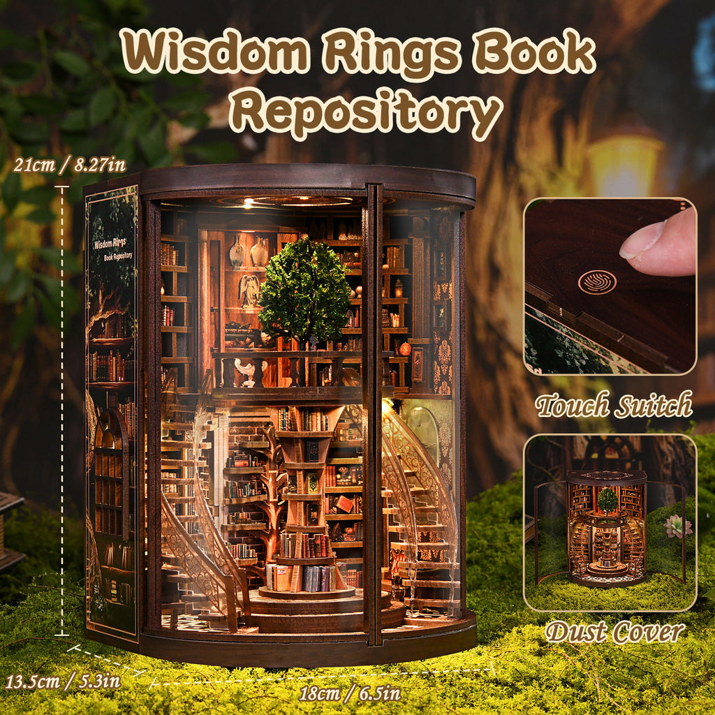 Structwood DIY Book Nook Kit Wisdom Rings Book Repository Wooden Puzzle 3D Miniature Doll House Model with Sensor LED Lights Gift for Adults(AH01-005)