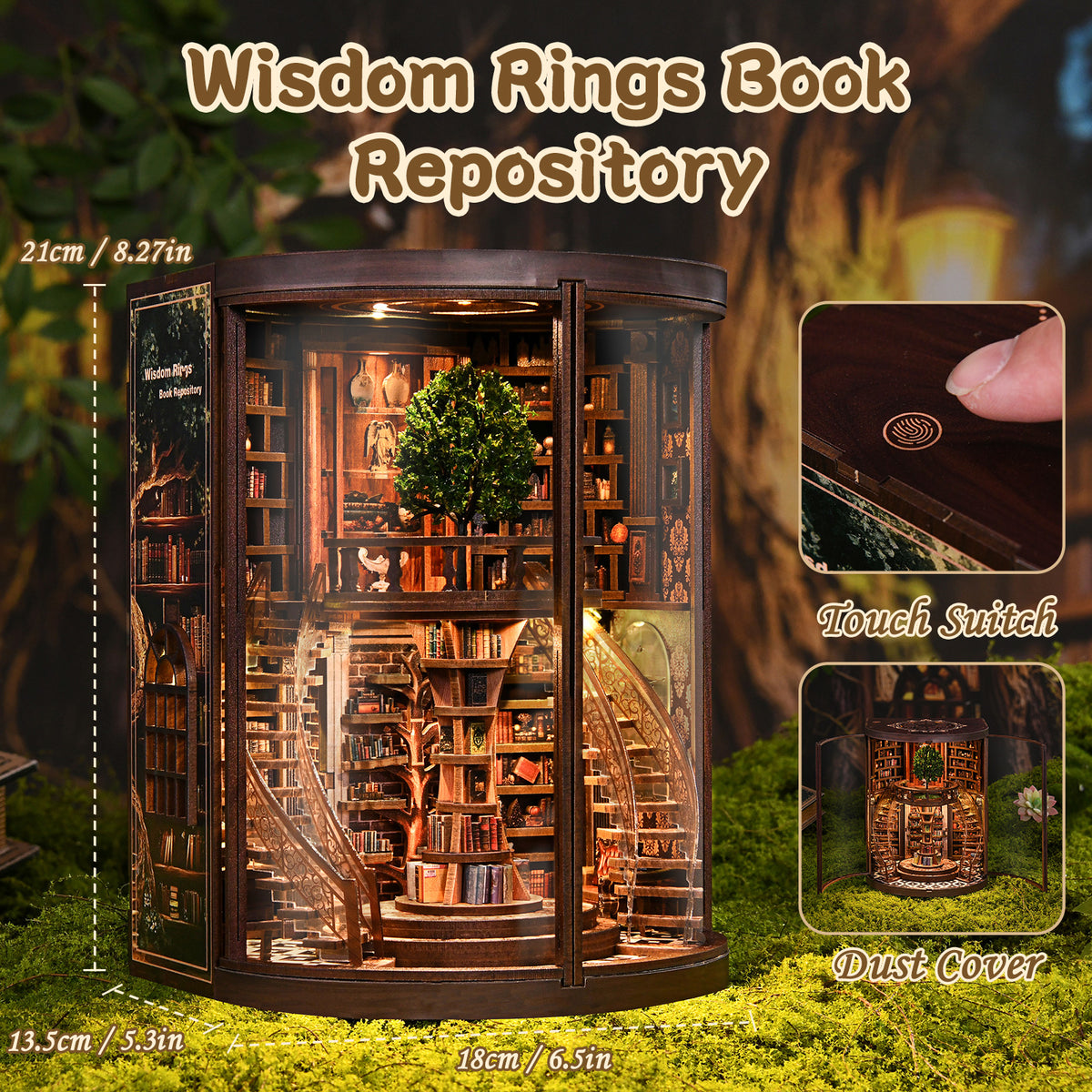 Structwood DIY Book Nook Kit Wisdom Rings Book Repository Wooden Puzzle 3D Miniature Doll House Model with Sensor LED Lights Gift for Adults(AH01-005)