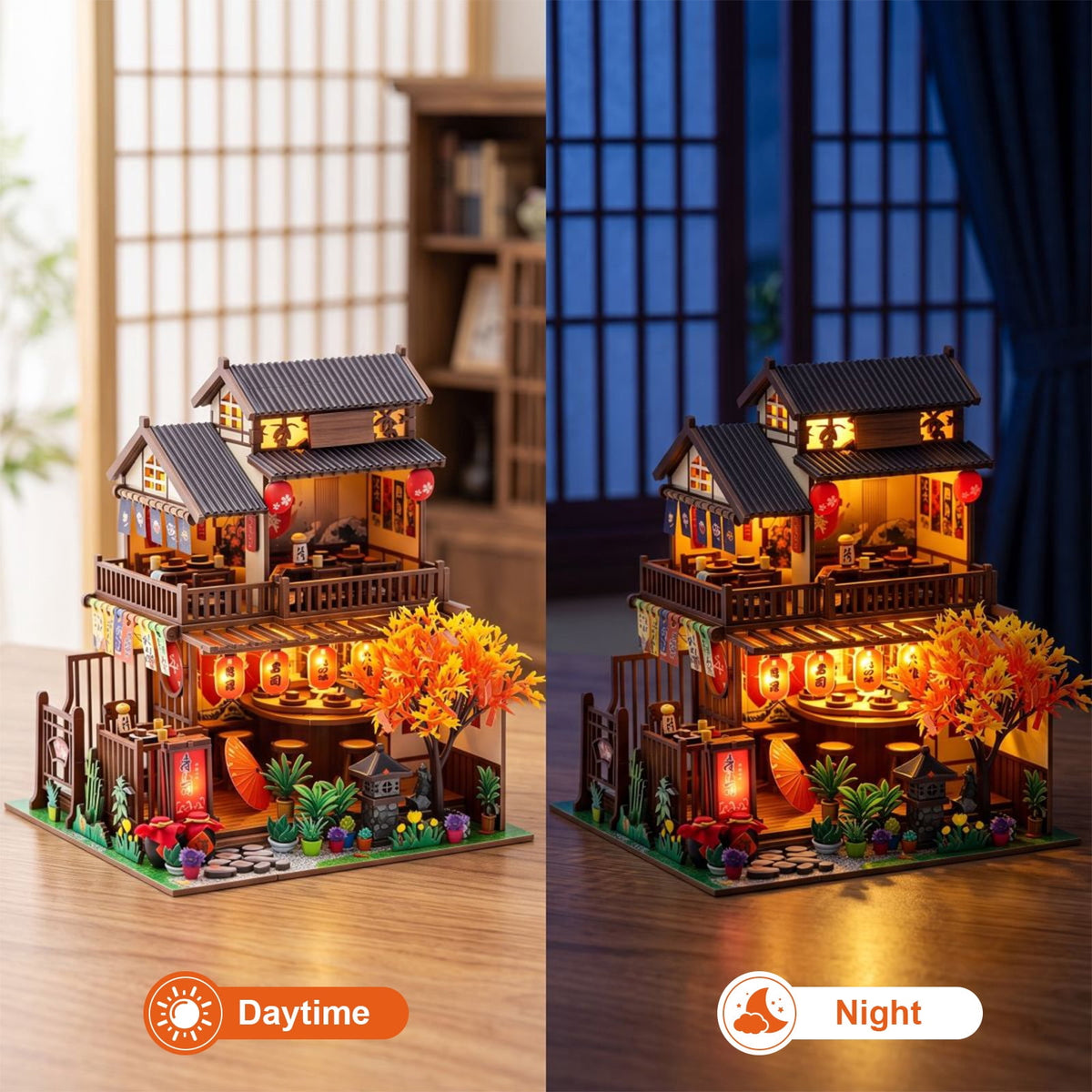 MOJINO Book Nook DIY Miniature House Kit for Adults, Japanese Street Tiny House Dollhouse with LED Light, 3D Wooden Puzzle Bookshelf Decor for Teens and Adults
