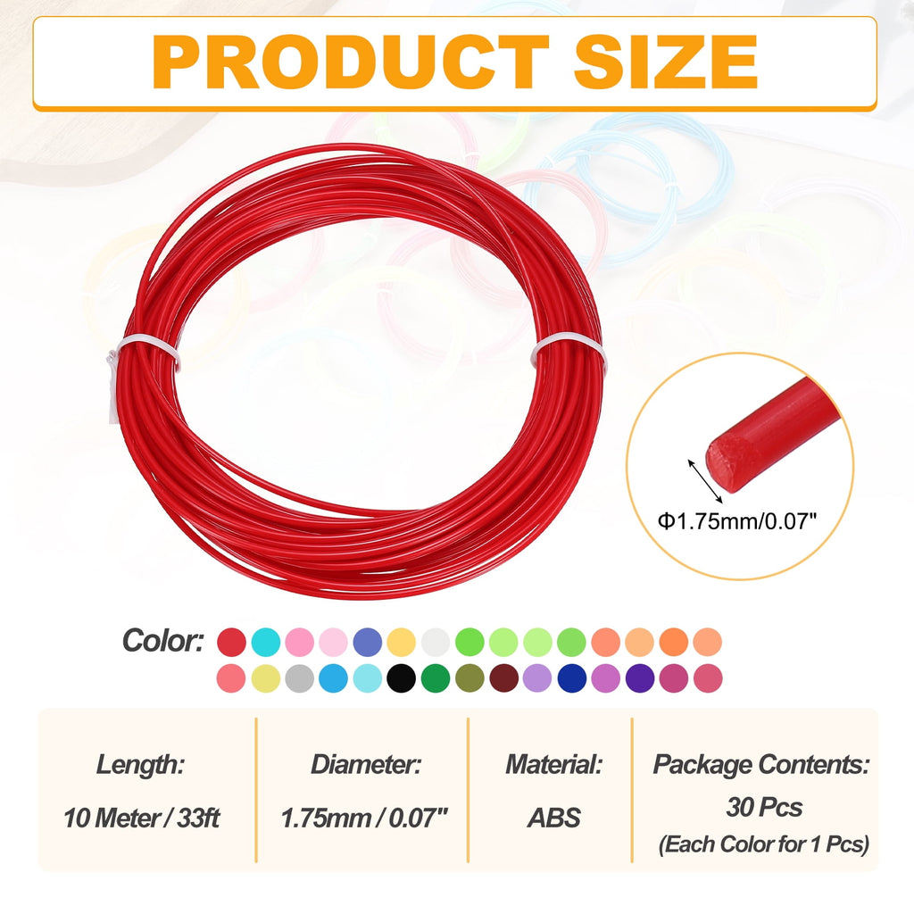 Uxcell 30 Colors ABS 3D Pen Printer Filament Refills, Each Color 32.8 Feet Total 984 Feet 1.75mm Printing Filament for Most 3D Printing Pens