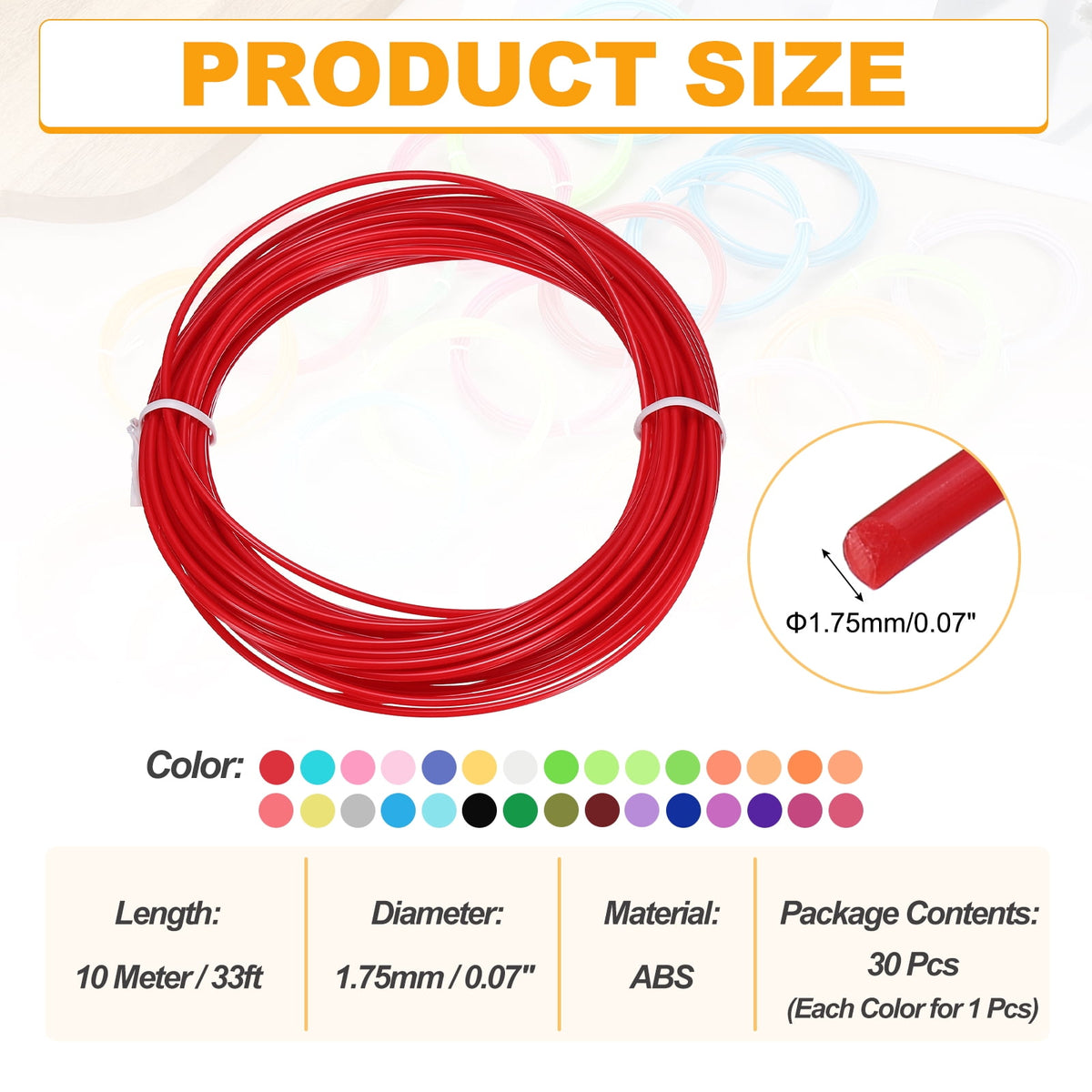 Uxcell 30 Colors ABS 3D Pen Printer Filament Refills, Each Color 32.8 Feet Total 984 Feet 1.75mm Printing Filament for Most 3D Printing Pens