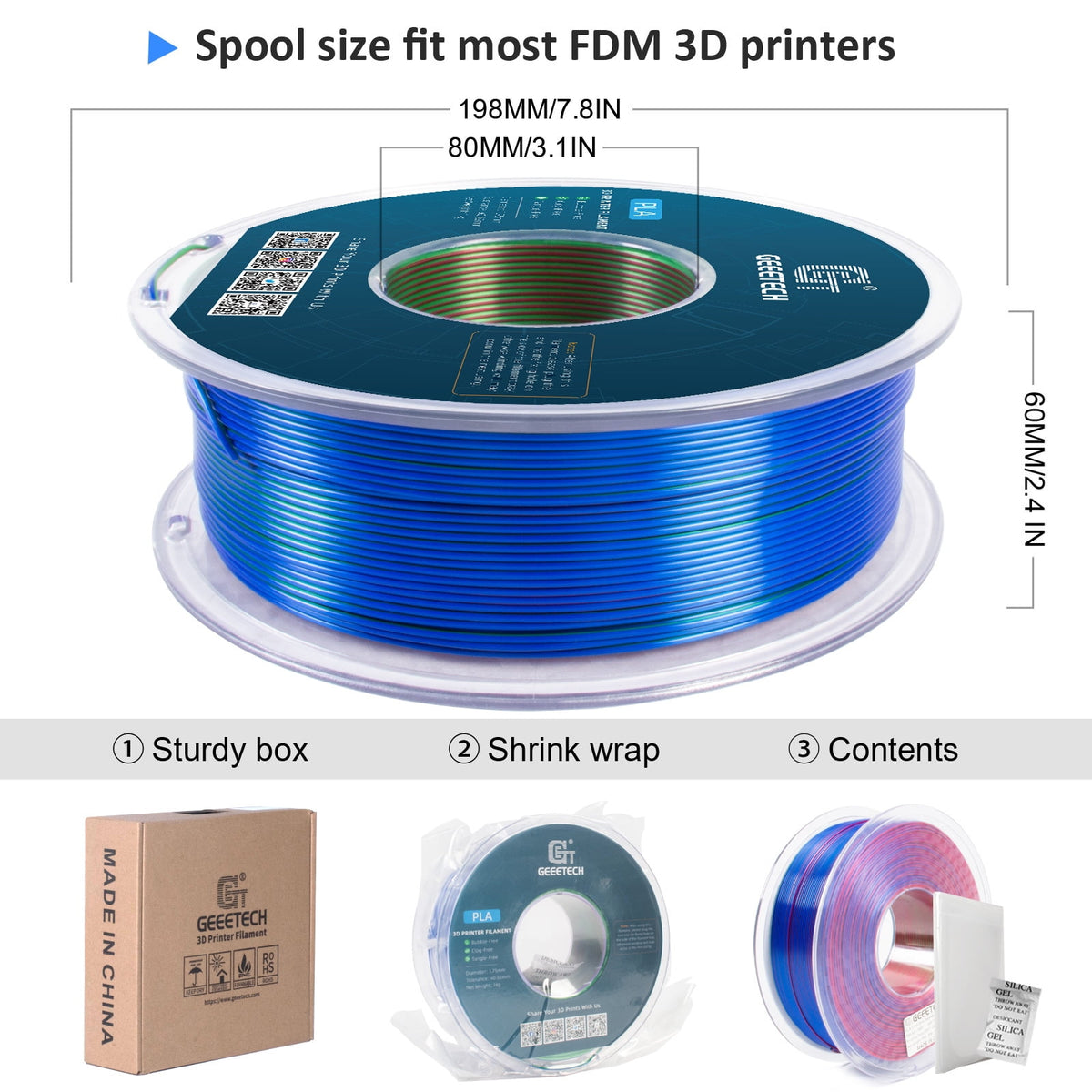 Geeetech Anti-silk type 3D Printer PLA Filament 1kg Toughness Enhanced Filament with 1.75mm Dimensional Accuracy +/-0.03mm, 1080 Feet per Roll, Vacuum Packaging Three-color blue, purple and black