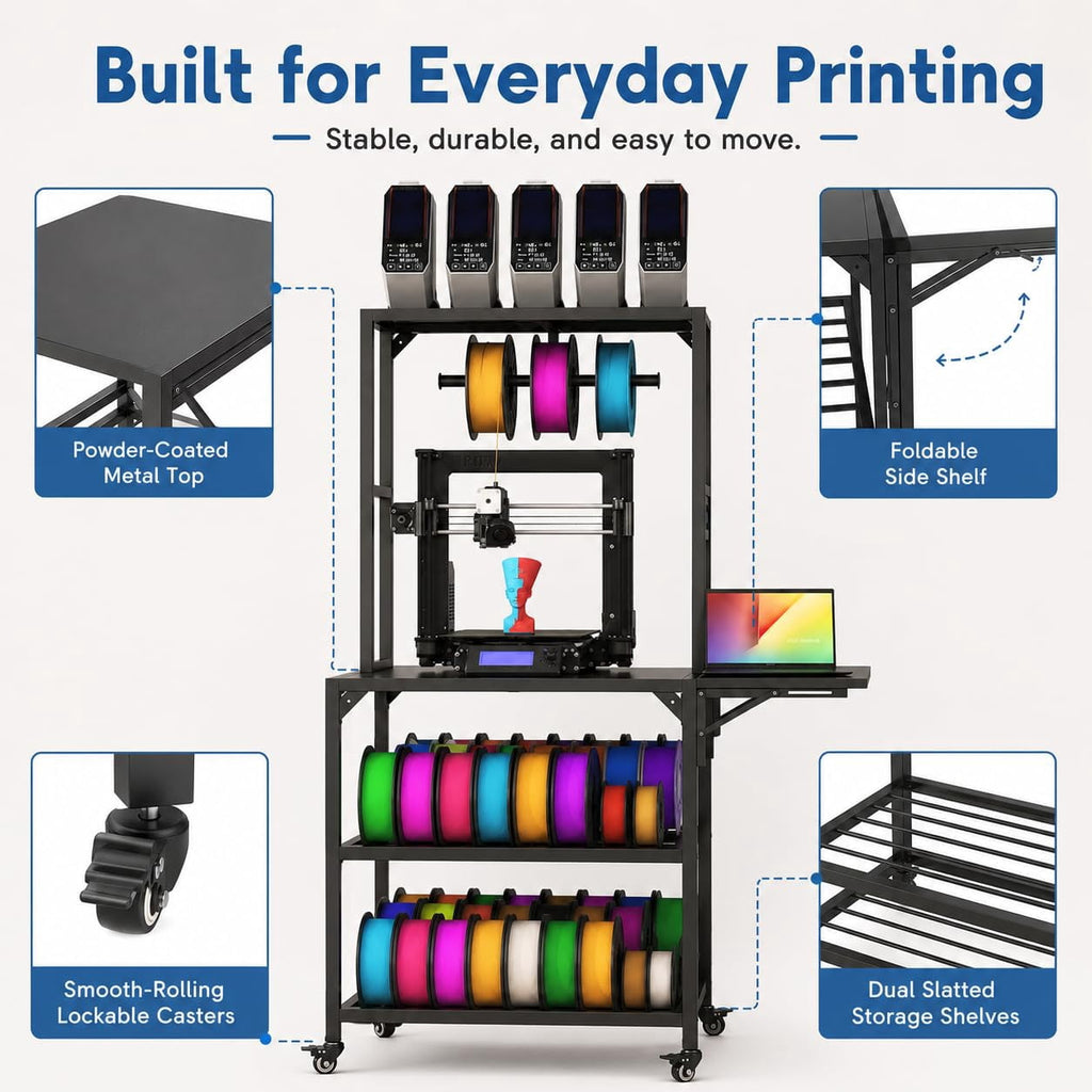 Heavy Duty 3D Printer Stand with Filament Storage Rack, Mobile 3D Printer Workbench with T-Shaped Filament Spool Holder, Lockable Wheels & Storage Shelves for Home Office Workshop (Style A)