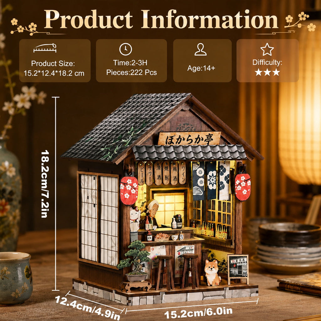 MOJINO Book Nook Kit for Adults, DIY Miniature House Kit with LED Light, 3D Wooden Puzzle Bookshelf Decor, Craft Kit, Japanese Izakaya