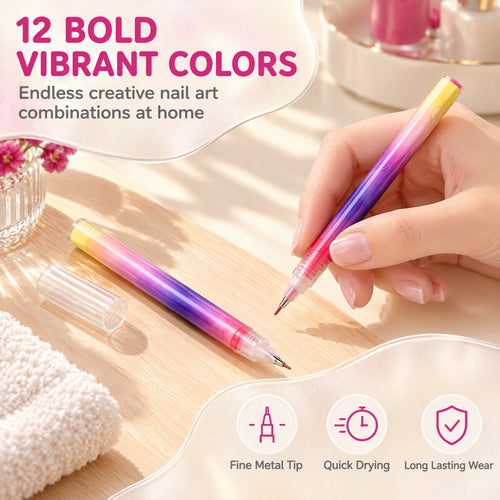 12 Colors Nail Art Pens Set, Nail Art Markers Polish Pen for 3D Nail Art, Drawing Painting Liner Brush for DIY Nail Art Beauty Adorn Manicure Tool (1Set)