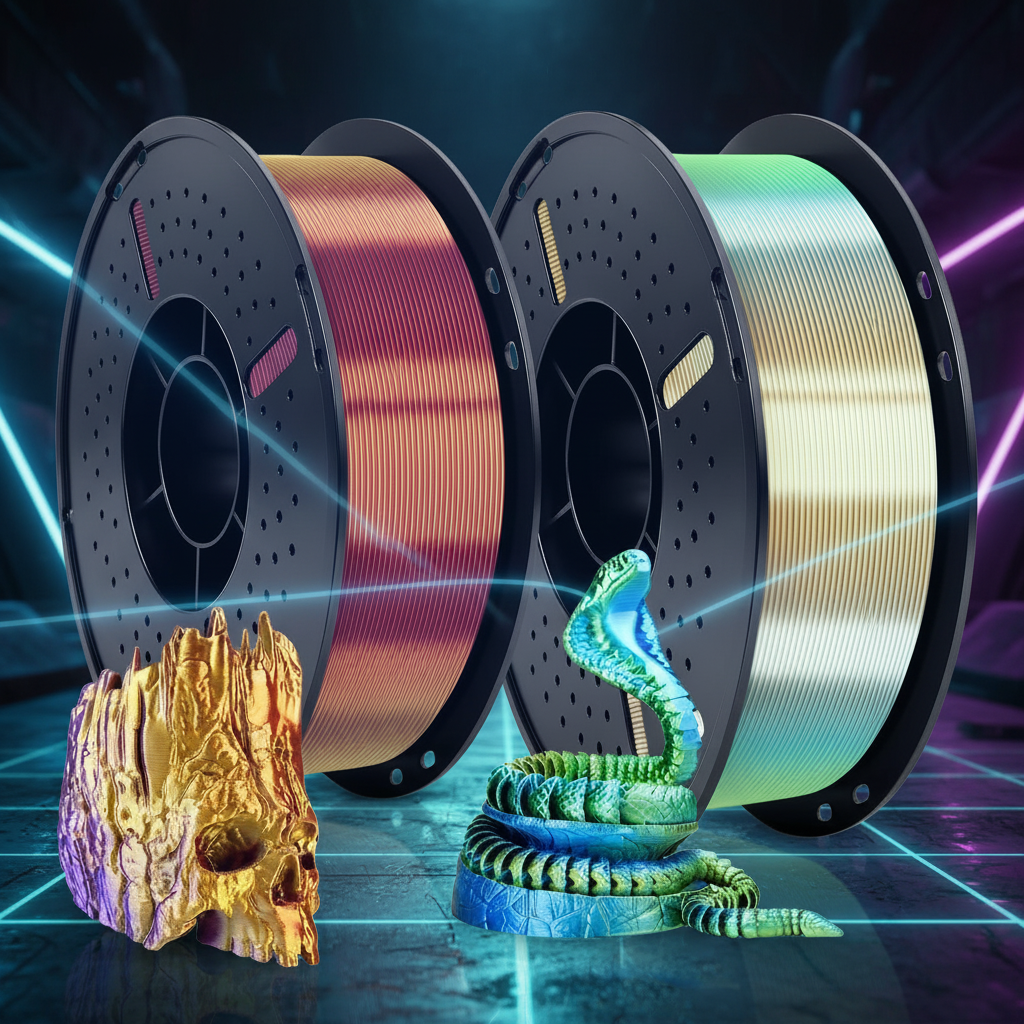 Premium Silk Tri-Color PLA 3D Printer Filament, 1.75mm, 1 kg (2.2 lb)Spools, Blue-Green-Gold Color