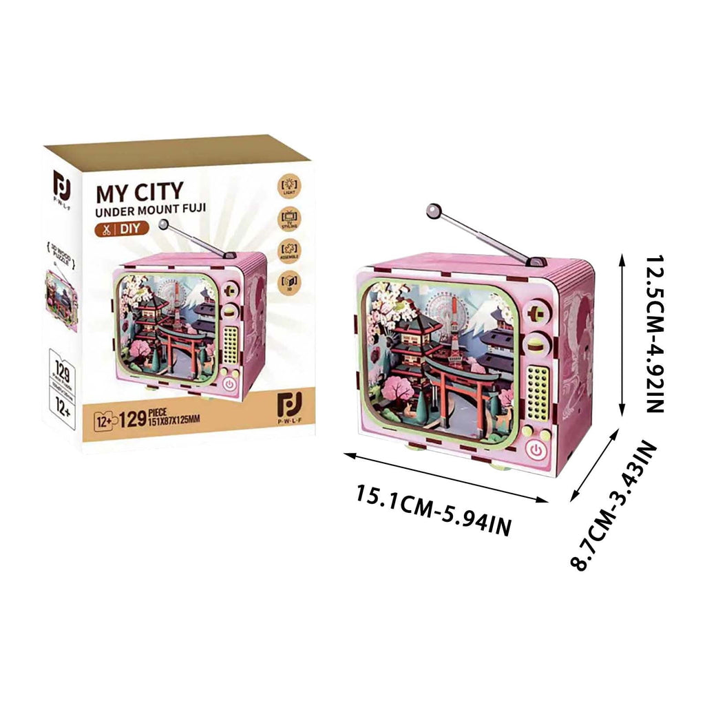 Yardvibe CityVision 3D Wooden Building Puzzle, TV-Shaped 3D Wooden Puzzle with LED Lights & Street View Inside, DIY Craft Model Kit for Adults, Elegant Home Decor & Creative Gift (Japan)