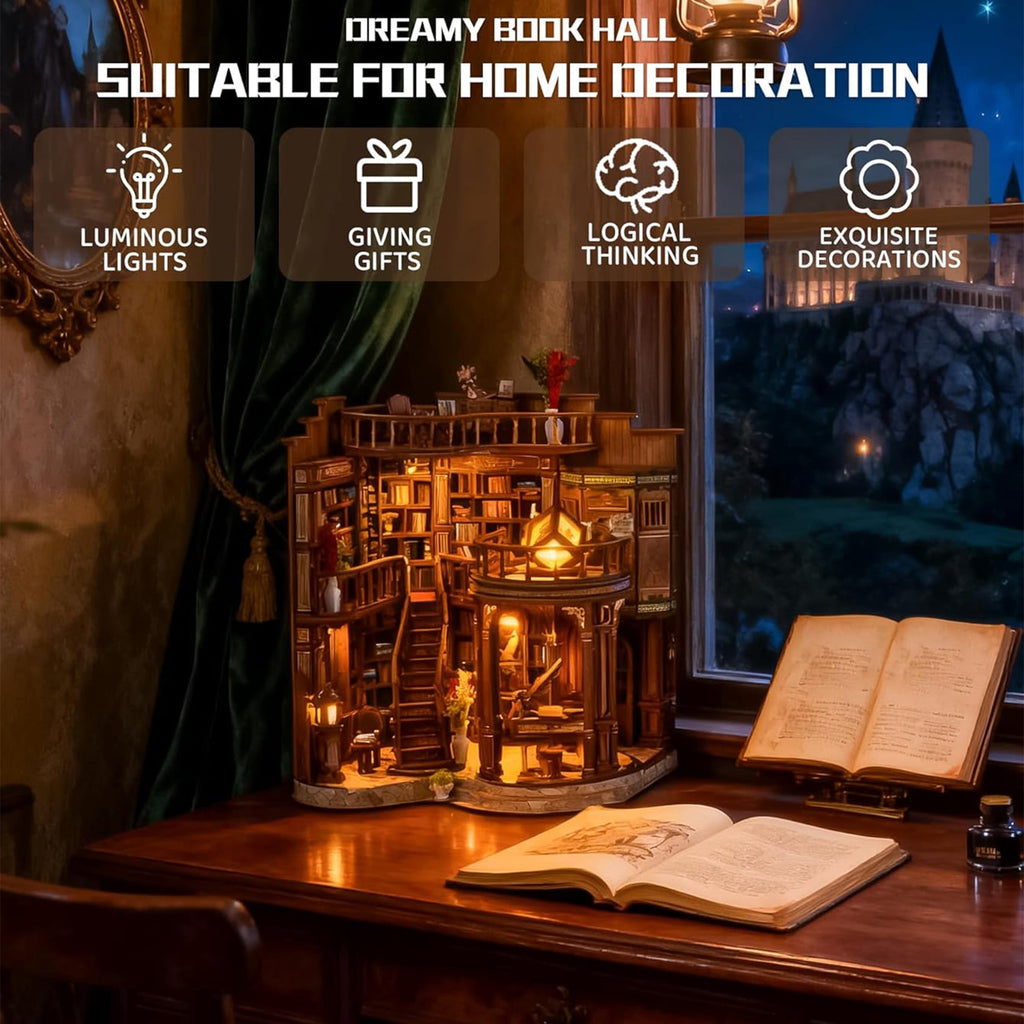 Book Nooks for Adults, DIY 3D Wooden Puzzle Miniature House Book Nook Kit,with Led Light, Model Kits Craft Kits for Adults, Home Decor & Gift (Dreamy Book Hall)