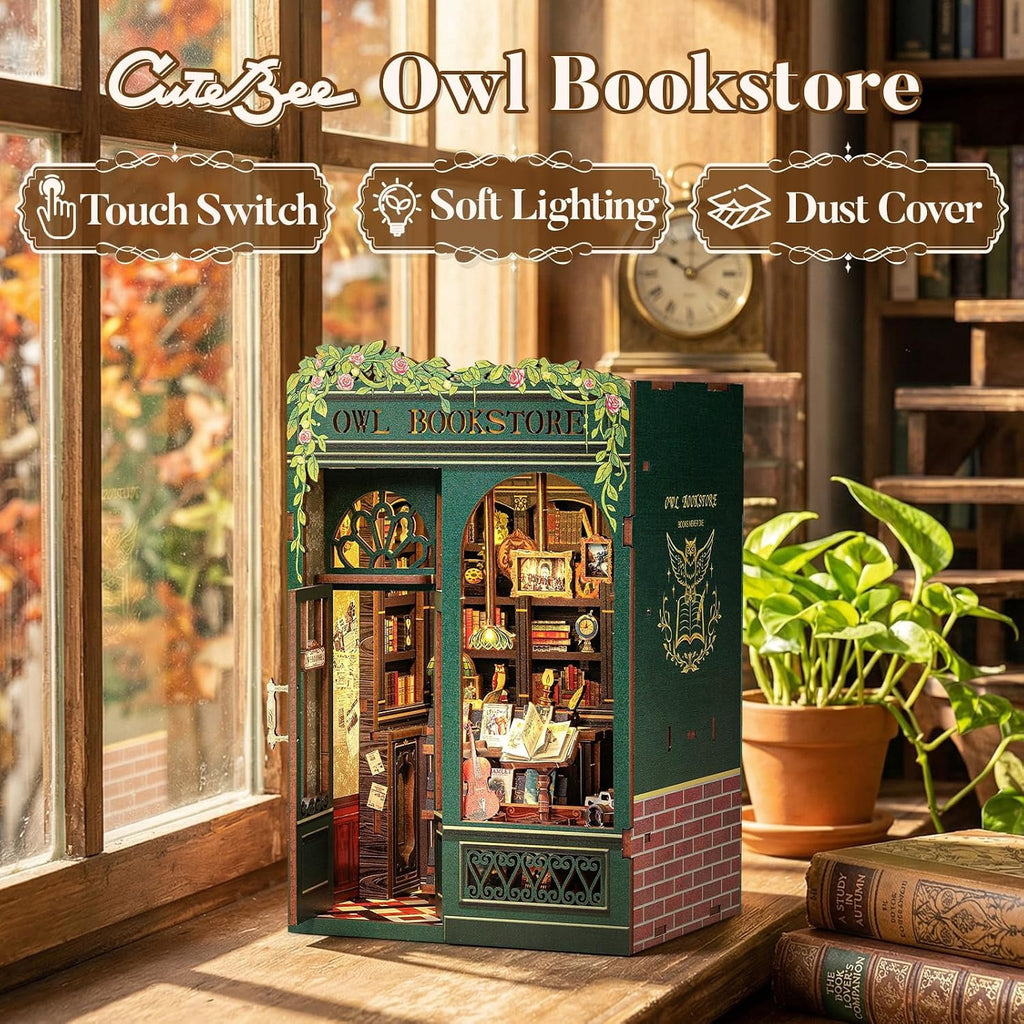 DIY Book Nook Kit, Owl Bookstore Miniature Dollhouse Bookend, Wooden 3D Puzzle Book Corner with LED Light, Handmade Mini House Model Kit for Bookshelf Decor, Gift for Adults & Teens