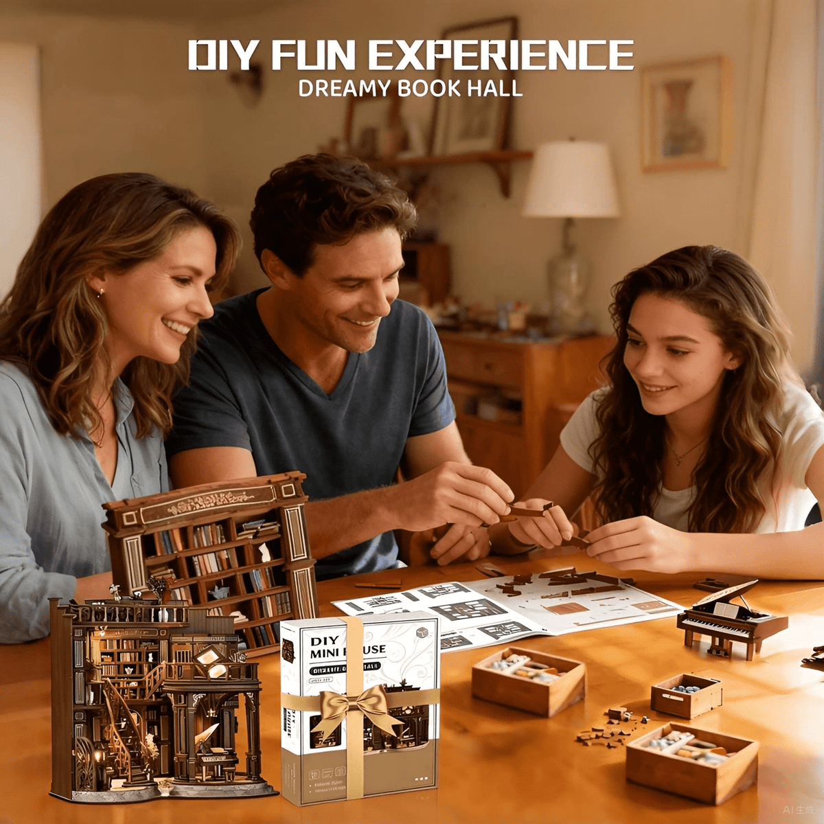 Feuymoent DIY Miniature Dollhouse Book Nook Kit, 3D Wooden Puzzle Book Nook Craft Bookshelf Decor, Adult Craft Kits Gift with Led Light