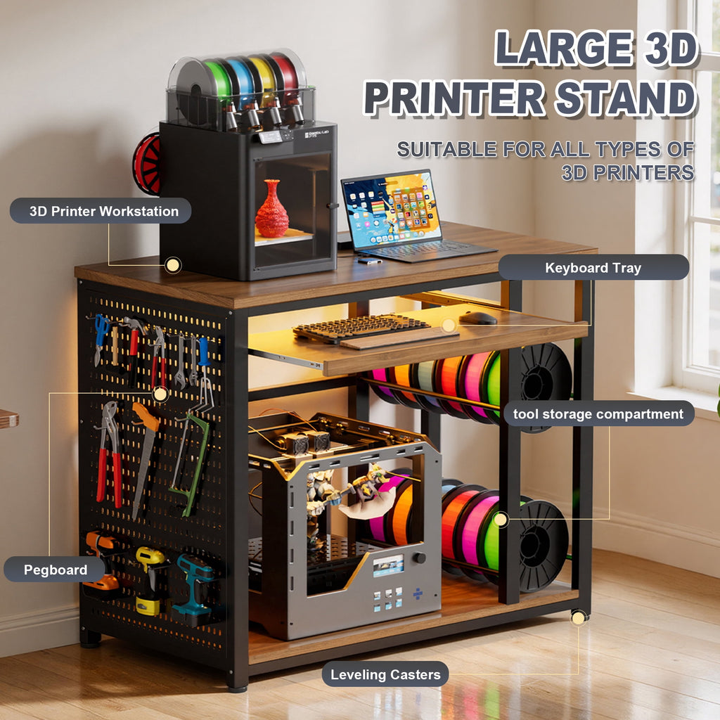VOXIVEE 3D Printer Stand with Filament Storage Rack,Pegboard,Keyboard Tray