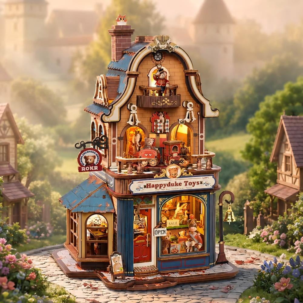ROKR Happyduke Toys Moving Wooden 3D Puzzle Model Kit, 305-Piece Toy Shop Miniature House with Music Box, Warm LED Light for Adults and Teens