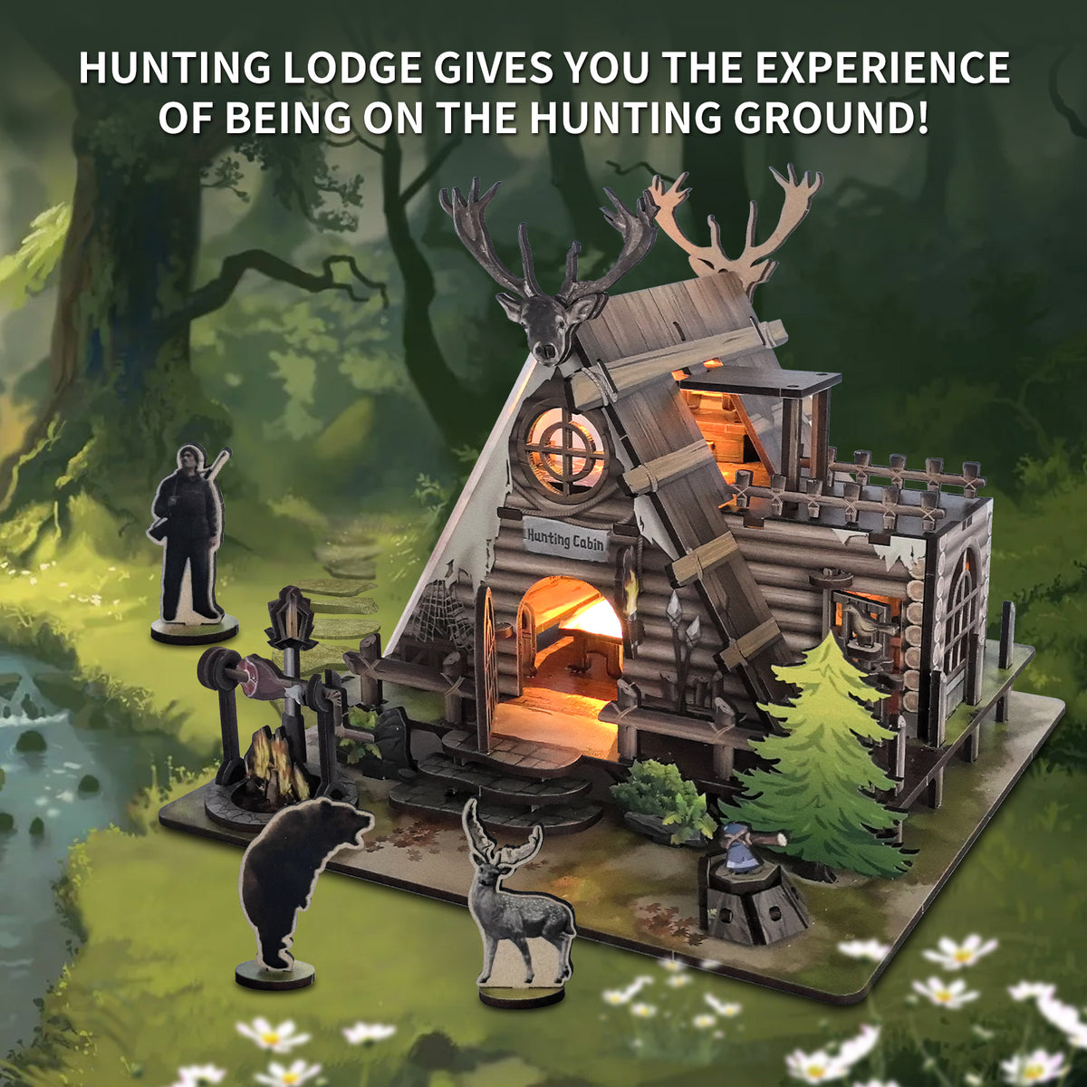 ZYLEGEN Hunting-Cabin Lighting DIY Miniature House Kit Set - Retro Wooden Cabin LED Light 3D Wooden Puzzle Set 129 Pcs for Adults and Teen