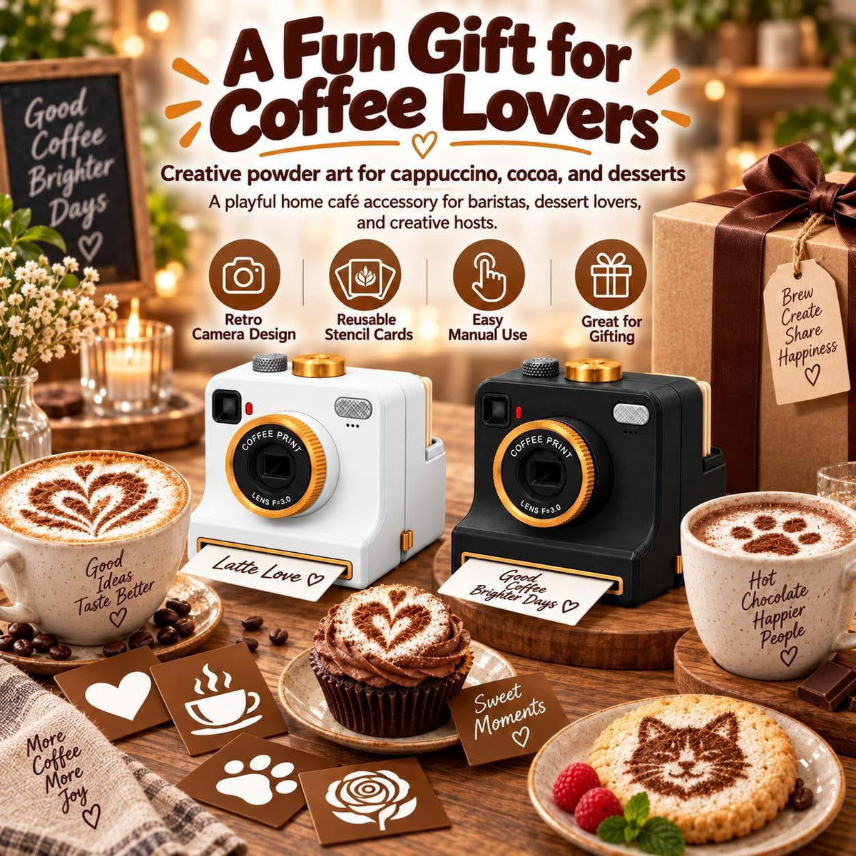 Coffee Printer Machine, 3D Latte Art Coffee Printer , Edible Ink Pre‑Set Pattern Printer for Coffee Foam, Gift for Coffee Enthusiasts