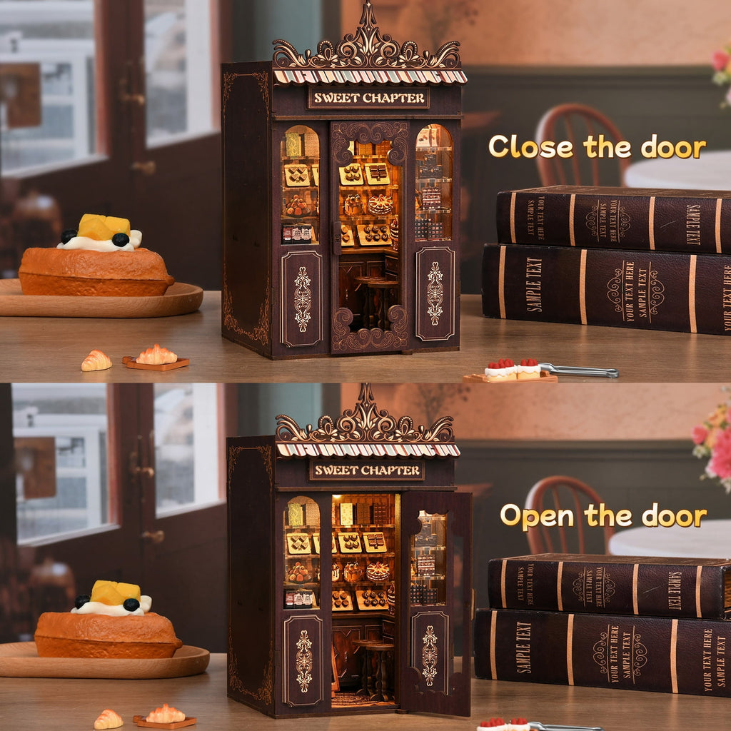 Book Nook Kit DIY, 3D Wooden Puzzle Miniature with LED Light, Bookshelf Decor Insert, Craft Kit for Adults & Teens, Sweet Chapter