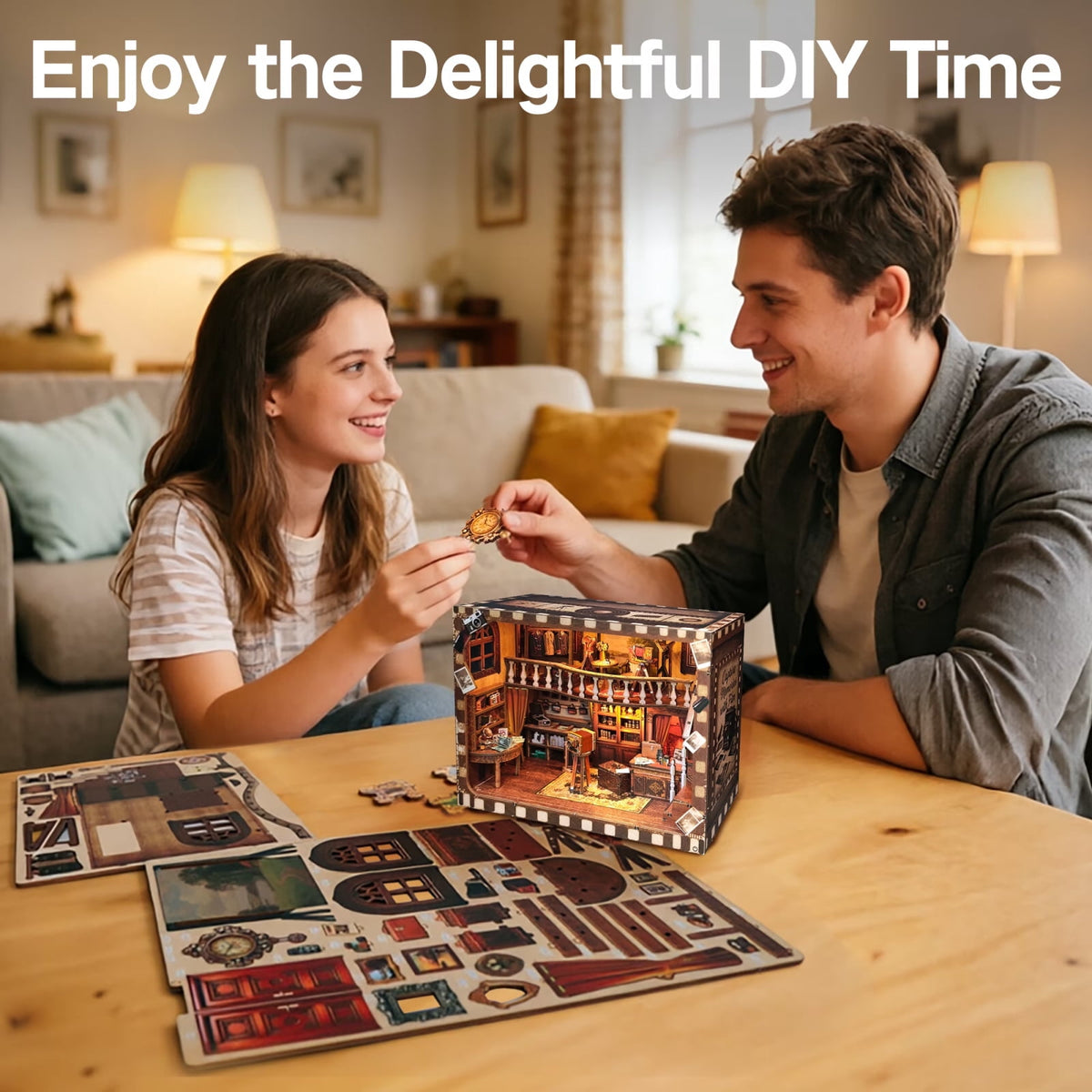 165 Piece Miniature 3D Wooden Puzzle, Vintage Photo Studio Model Kit with Touch LED Light, Desk and Shelf Display Decor, 9 Inch