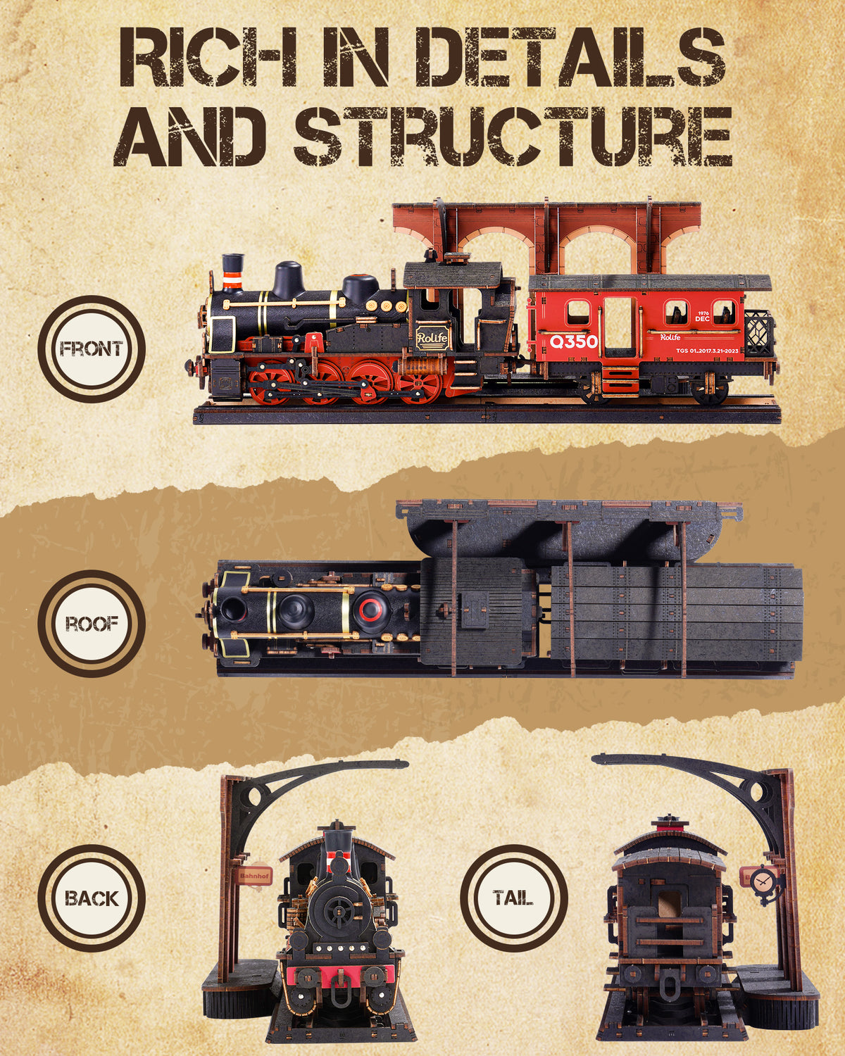 ROKR 3D Wooden Puzzle Steam Journey Train Vintage Car Model Kit Toy Xmas Gift for Boys/Girls