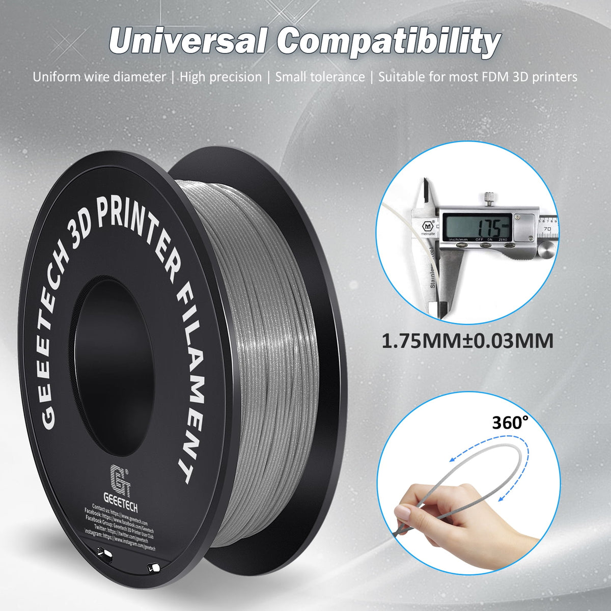 Geeetech PLA 3D Printer Filament, 1.75mm 1kg (2.2lbs) Spool, Dimensional Accuracy +/- 0.03 mm, 3D Printing Glitter Material Filament,Fit for Most FDM 3D Printers (silver)