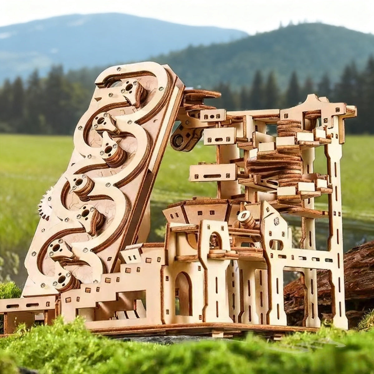 Electric Marble Run DIY Wooden 3D Puzzle Kit, Battery‑Powered Marble Track Model Building Kit for Teens & Adults 14+