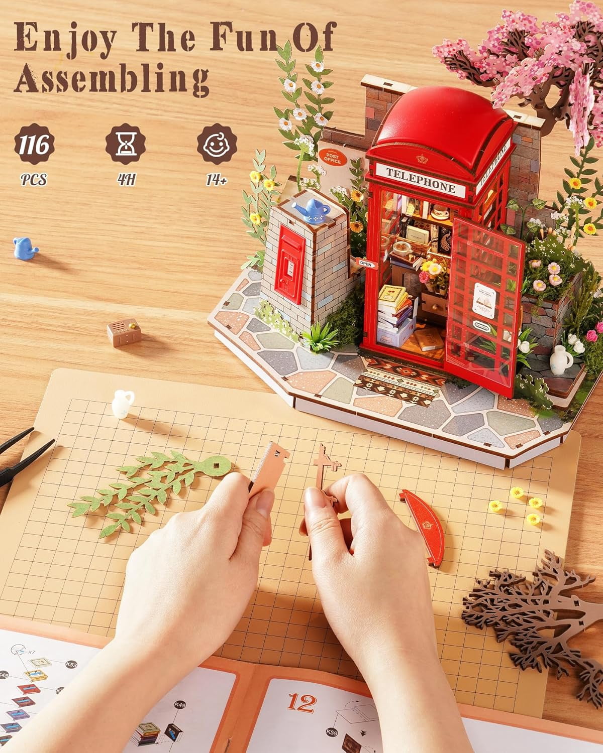 Rolife 3D Wooden Puzzle for Adults, Blossom Book Booth Miniature Model Building Kit, 116PCS Flower Bookstore Scene, Creative DIY Craft for Table Decor, Gift for Teens Girls Boys