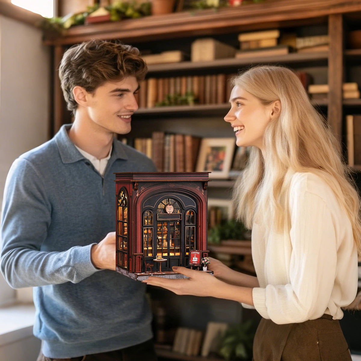 DIY Book Nook Kit with LED Light,Forest Tea Book Club Miniature House Bookshelf Insert Decor, 3D Wooden Puzzle Dollhouse Craft Kit for Adults Teens, Book Lover Gift