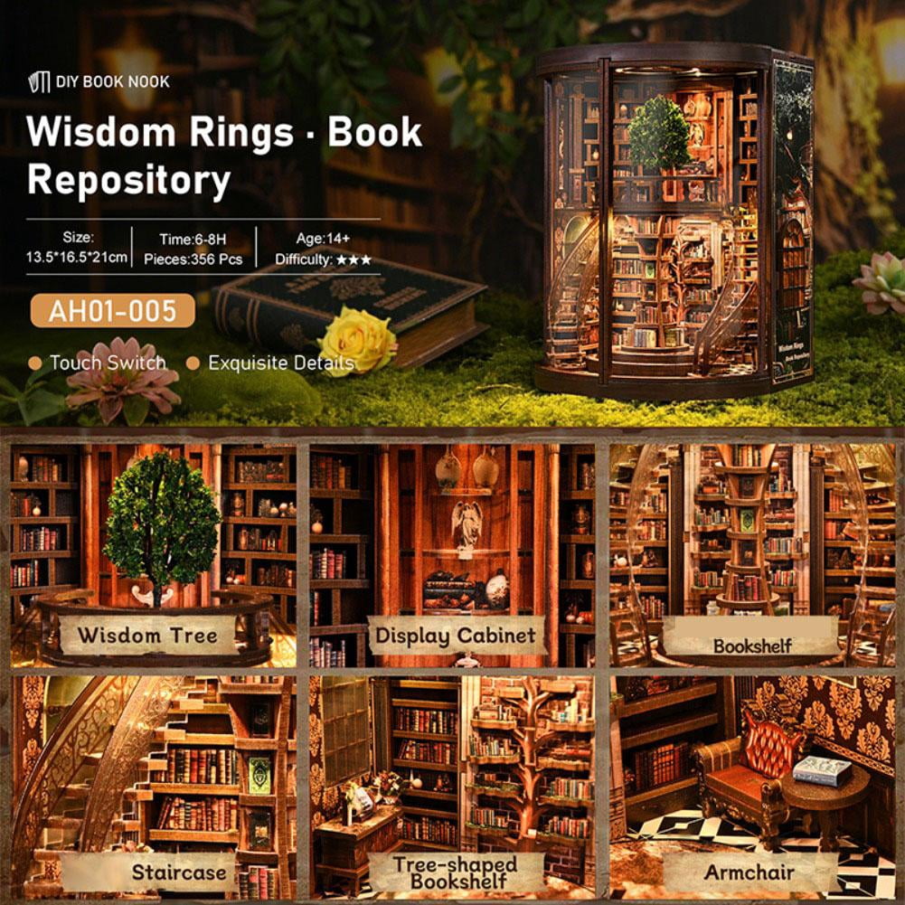 DIY Book Nook Kit with LED Light, Miniature Dollhouse 3D Wooden Puzzle, Bookshelf Insert Decor Craft Gift(Wisdom Rings Bookstore)