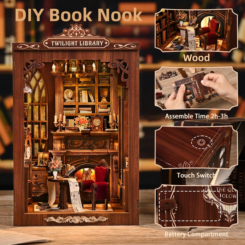 DIY Book Nook Kit – 3D Wooden Puzzle Miniature House Bookshelf Insert with LED Light, Craft Kit for Adults & Teens, Library of Glimmers