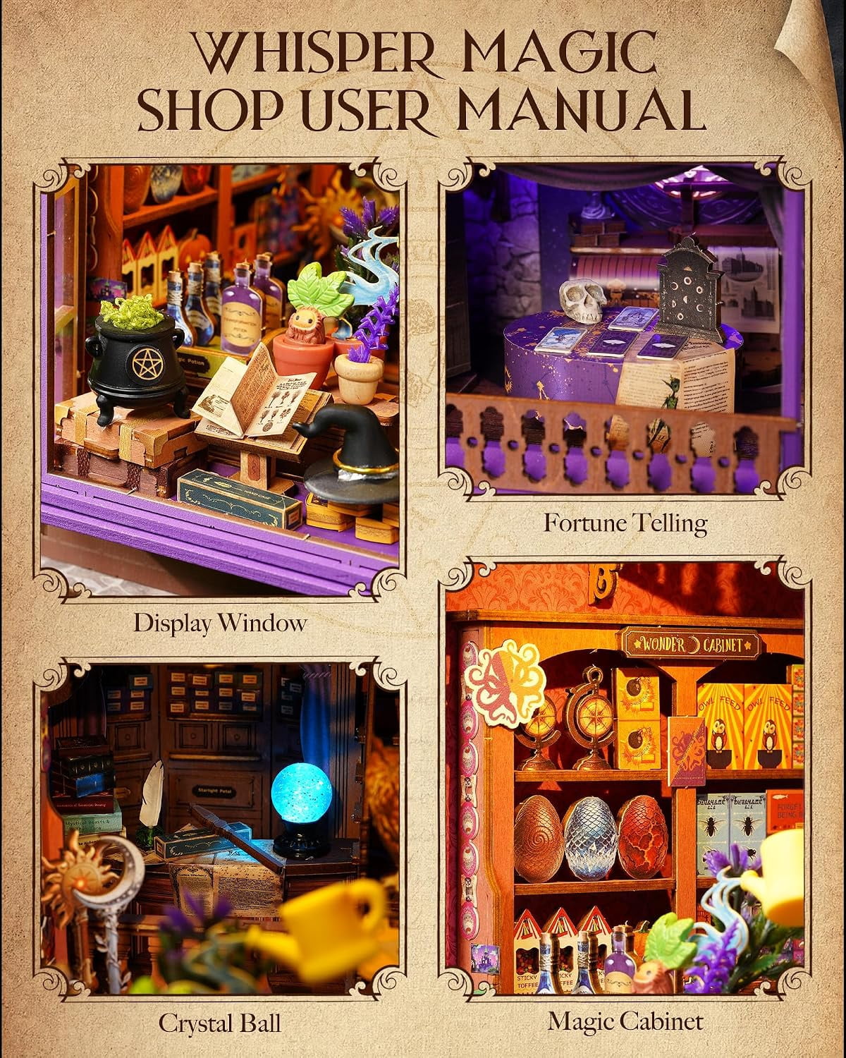 Rolife 442 Pieces Whisper Magic Shop with LED Light, 3D Wooden Puzzle Bookshelf Insert Decor for Adults and Book Lovers
