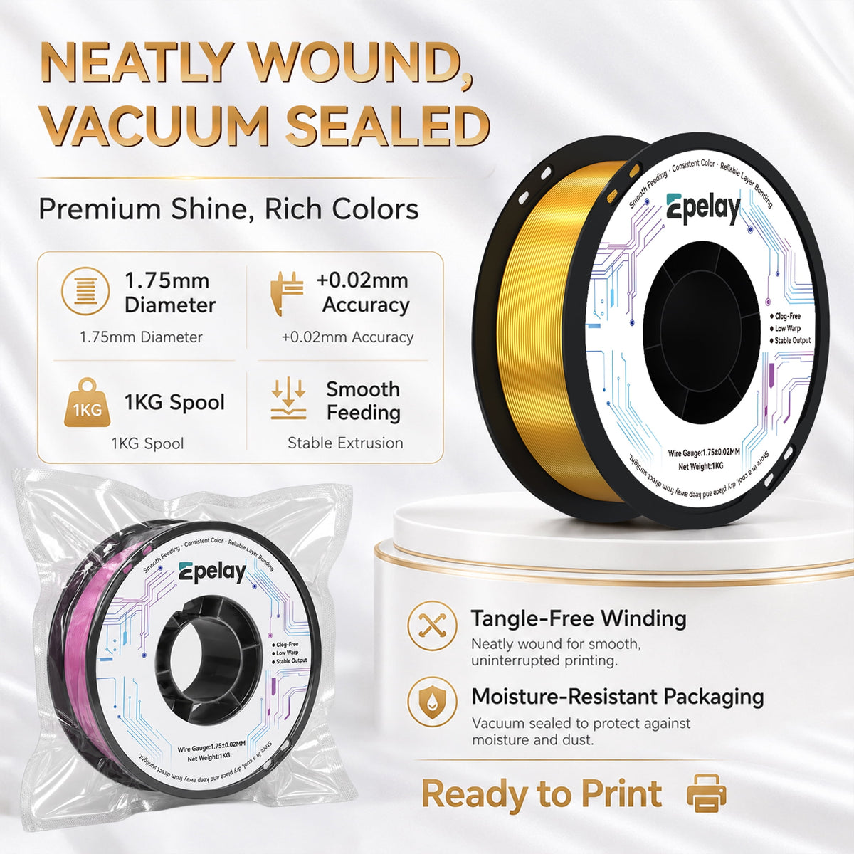Epelay Silk PLA Plus 3D Printer Filament 1.75mm, Shiny Silver Finish, 1kg Spool, Strong Layer Adhesion, Smooth & Glossy Prints, Fits Most FDM Printers