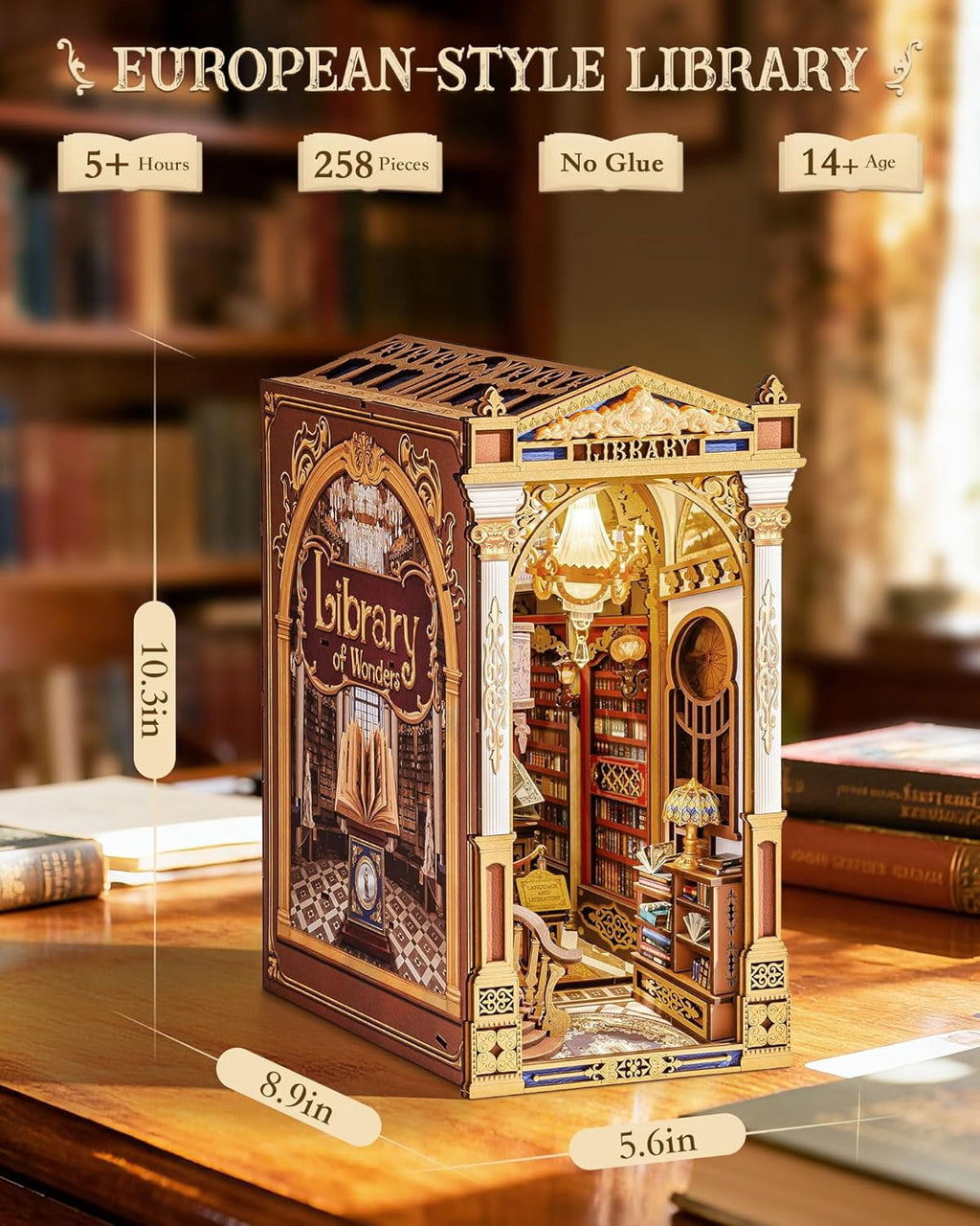 Rolife Library of Wonders 3D Puzzle Book Nook Kit, 10.4" Baroque Bookshelf Insert with Dual LED Lights, DIY Craft for Adults