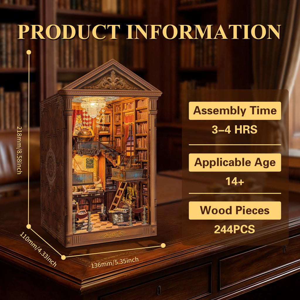 Strucwood Reading Hall DIY Wooden Book Nook Kit with Touch LED Lights,3D Miniature Vintage Library Puzzle Craft Gifts for Adults(SQ-111)