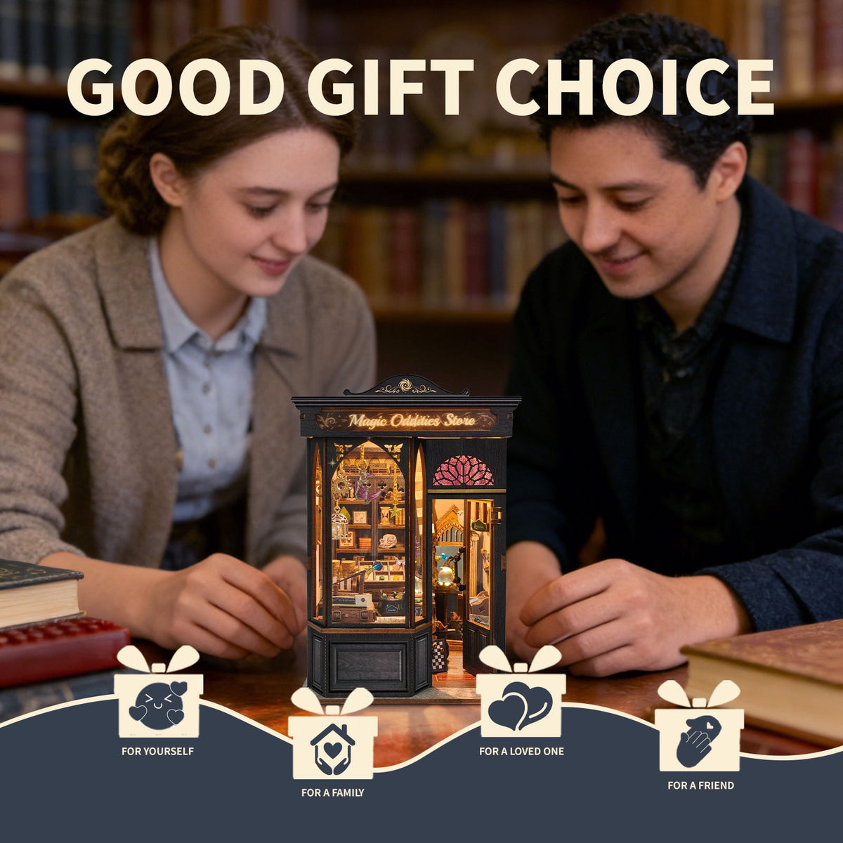 Strucwood Magic Oddities Store DIY Wooden Book Nook Kit with Touch LED Lights,3D Miniature Wizard Shop Puzzle Craft Gifts for Adults(SQ-109)