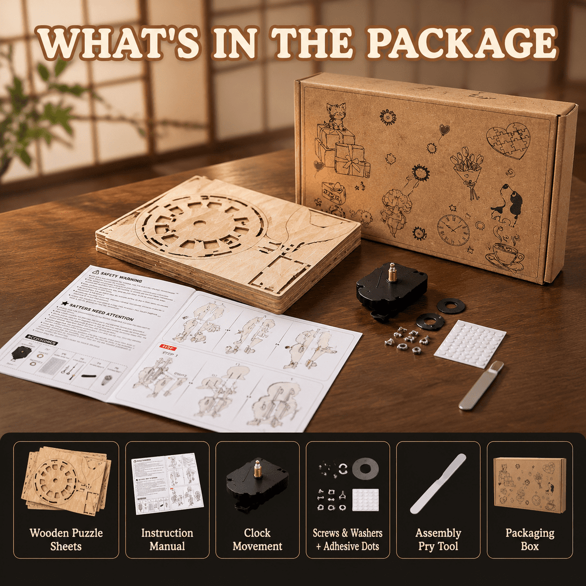 Wooden House Clock 3D Puzzle DIY Mechanical Clock Kit for Adults Teens