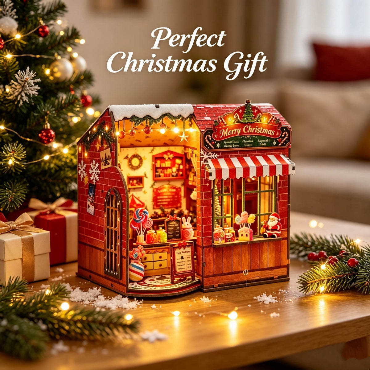 Ygarkreit Christmas Candy Shop DIY Book Nook Kit with LED Lights, 3D Wooden Puzzle for Adults, Christmas‑Themed Diorama Model Building Kit, Miniature House Wood Craft Kit for Holiday Decor & X‑mas Gi
