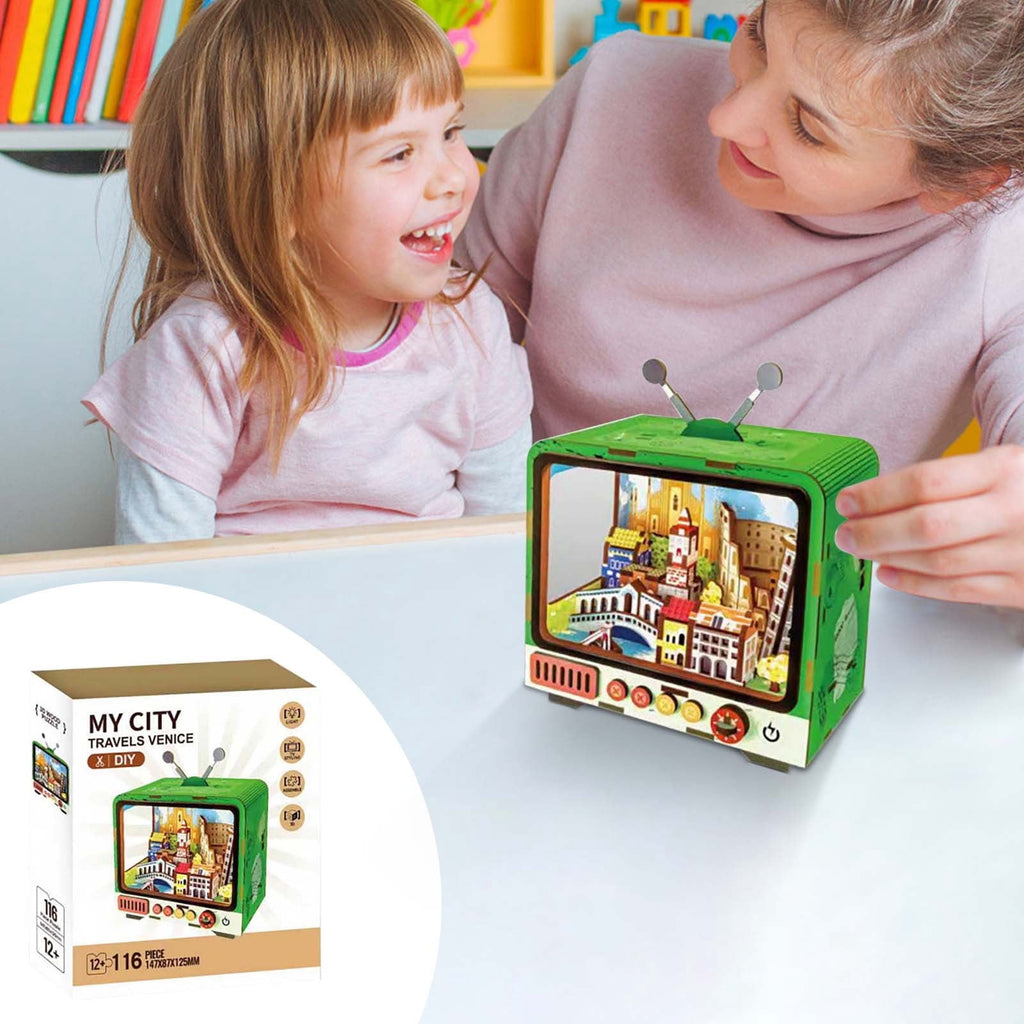 Yardvibe CityVision 3D Wooden Building Puzzle, TV-Shaped 3D Wooden Puzzle with LED Lights & Street View Inside, DIY Craft Model Kit for Adults, Elegant Home Decor & Creative Gift (Japan)